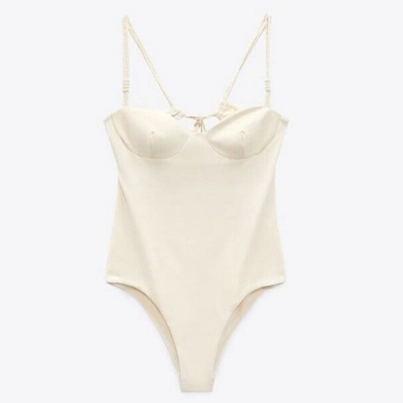 New Zara 0167/030 Braided Straps Cream One Piece Swimsuit NWT Medium - Picture 5 of 6